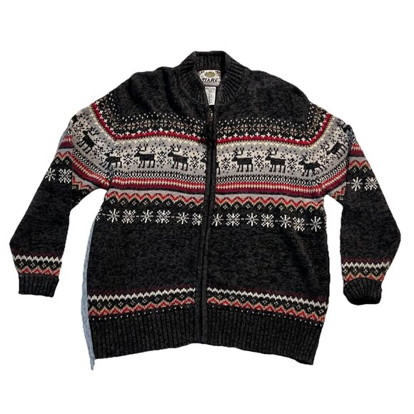 Tiara Cardigan Womens Large Gray Fair Isle Moose Full Zip Sweater Vintage - Picture 1 of 12